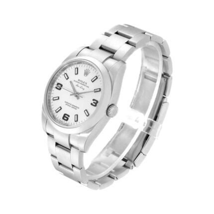 Replica Rolex Air King watch with stainless steel case and bracelet, featuring a white dial and silver hour markers.