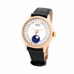 Replica Rolex Cellini Moonphase watch with white dial, blue moonphase indicator, and polished stainless steel case.