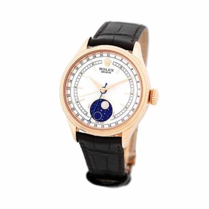 Replica Rolex Cellini Moonphase watch with white dial, blue moonphase indicator, and polished stainless steel case.