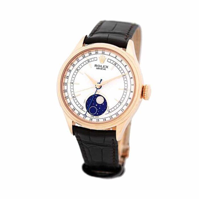 Replica Rolex Cellini Moonphase watch with white dial, blue moonphase indicator, and polished stainless steel case.