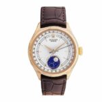 Replica Rolex Cellini Moonphase watch featuring a white dial with moonphase complication and brown leather strap.