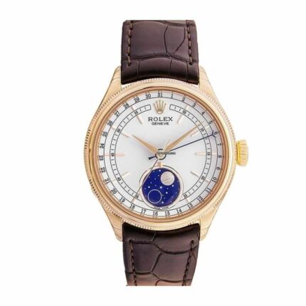 Replica Rolex Cellini Moonphase watch featuring a white dial with moonphase complication and brown leather strap.