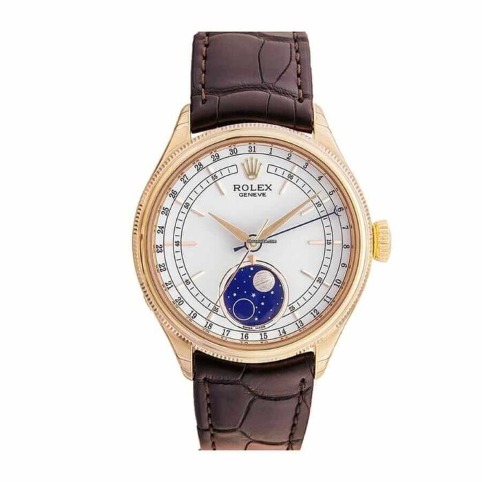 Replica Rolex Cellini Moonphase watch featuring a white dial with moonphase complication and brown leather strap.