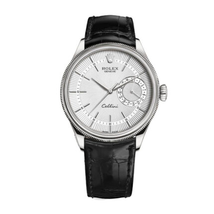 Replica Rolex Cellini watch with silver dial and brown leather strap, classic elegant design.