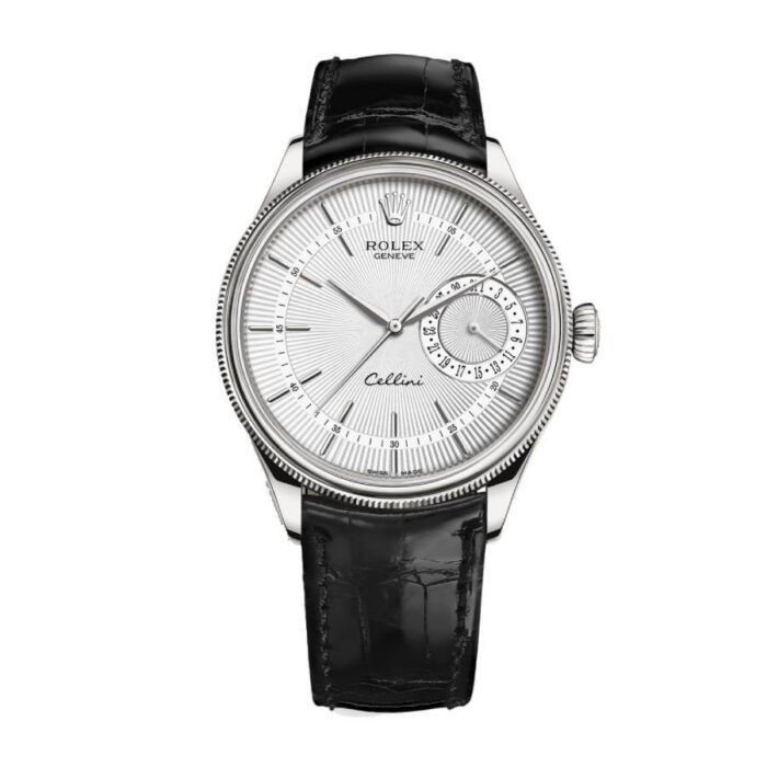 Replica Rolex Cellini watch with silver dial and brown leather strap, classic elegant design.