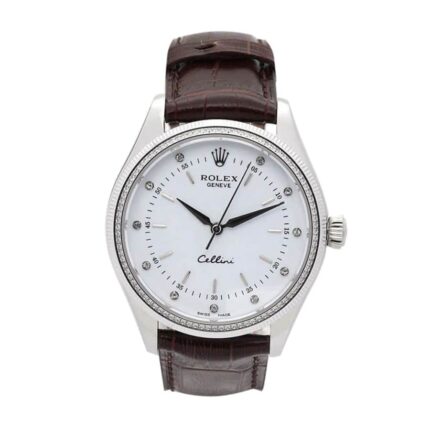 Replica Rolex Cellini watch with white dial and elegant leather strap, showcasing a refined and classic design