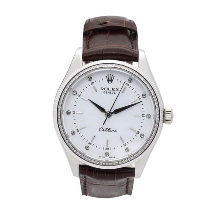 Replica Rolex Cellini watch with white dial and elegant leather strap, showcasing a refined and classic design