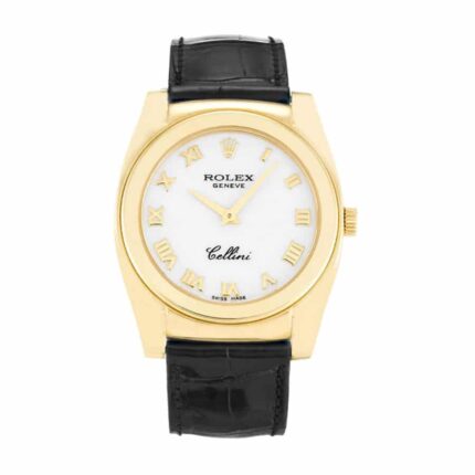 Replica Rolex Cellini watch in yellow gold with white dial, model 5320, displayed front view.