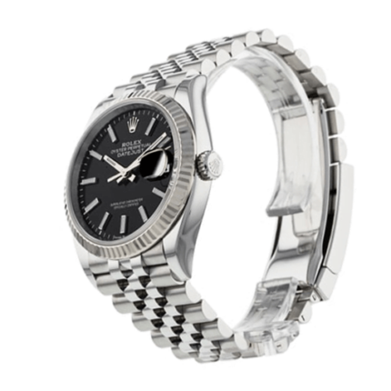 Replica Rolex Datejust 126234 watch with stainless steel and white gold case, silver dial, and oyster bracelet displayed from left side.