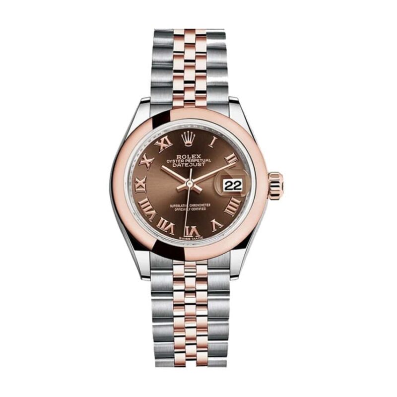 Rolex Datejust 28mm 279161 with steel and Everose gold case, automatic movement, and chocolate dial, displayed on a matching steel and gold bracelet.