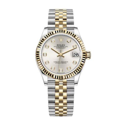 Replica Rolex Datejust 31mm watch with steel and yellow gold case, automatic movement, silver dial adorned with diamond hour markers, and matching two-tone bracelet.