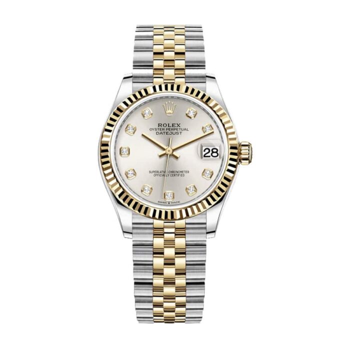 Replica Rolex Datejust 31mm watch with steel and yellow gold case, automatic movement, silver dial adorned with diamond hour markers, and matching two-tone bracelet.