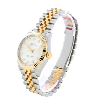 Replica Rolex Datejust 31mm watch featuring steel and yellow gold case, automatic movement, and silver dial with diamond hour markers.