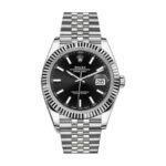 Replica Rolex Datejust 33mm 2019 model watch with white gold case and black dial, featuring a classic design.