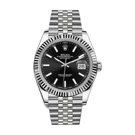 Replica Rolex Datejust 33mm 2019 model watch with white gold case and black dial, featuring a classic design.