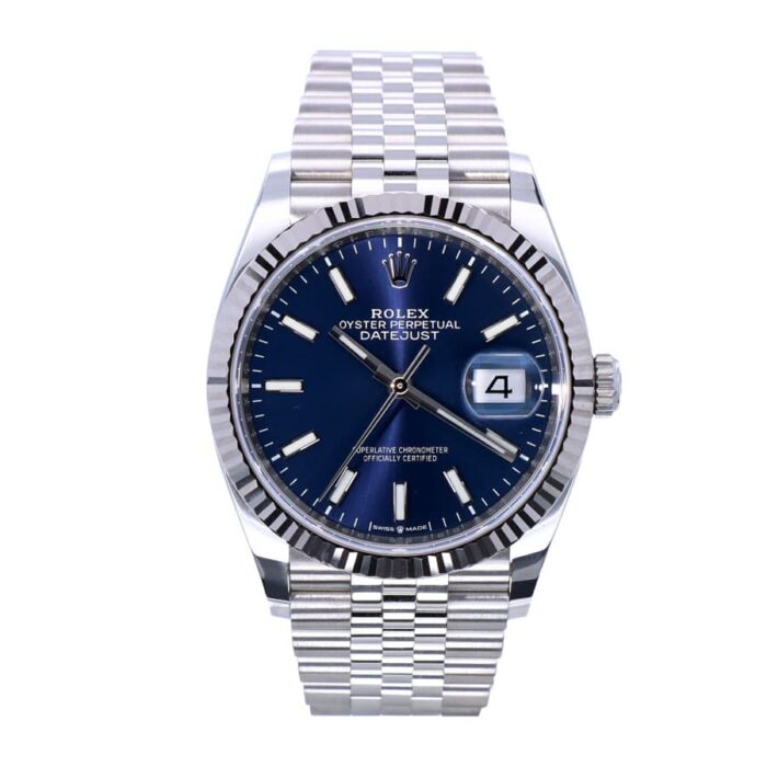 Replica Rolex Datejust Oyster Perpetual Datejust II watch with blue dial, stainless steel and white gold case, and Jubilee bracelet.
