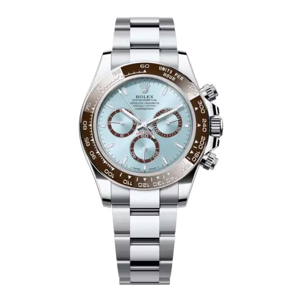 Replica Rolex Daytona 126506 watch with ice blue dial, black ceramic bezel, and oyster bracelet in platinum finish.