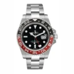 Rolex GMT-Master II replica watch with a sleek black bezel, stainless steel case, and classic Oyster bracelet design.
