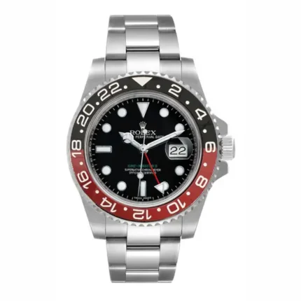 Rolex GMT-Master II replica watch with a sleek black bezel, stainless steel case, and classic Oyster bracelet design.