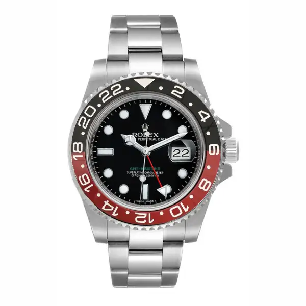 Rolex GMT-Master II replica watch with a sleek black bezel, stainless steel case, and classic Oyster bracelet design.