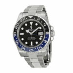 Replica Rolex GMT-Master II watch with black dial and stainless steel bracelet, designed for dual time zone functionality from Super Clone Watches.