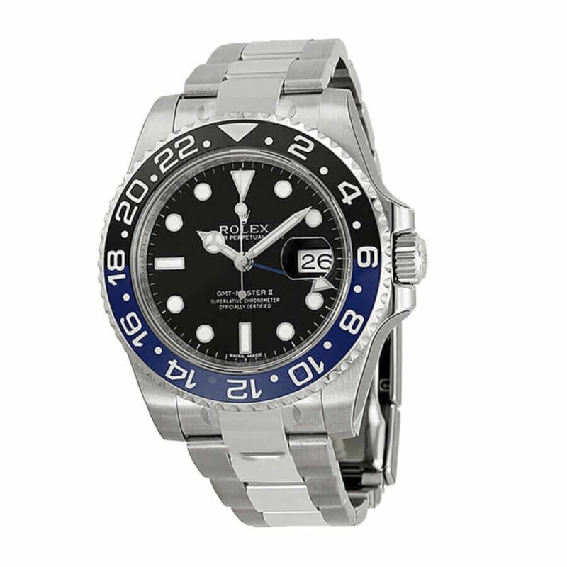 Replica Rolex GMT-Master II watch with black dial and stainless steel bracelet, designed for dual time zone functionality from Super Clone Watches.