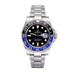 Replica Rolex GMT-Master II watch with black dial and stainless steel bracelet, model 116710BLNR, available at Super Clone Watches.