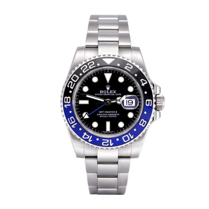Replica Rolex GMT-Master II watch with black dial and stainless steel bracelet, model 116710BLNR, available at Super Clone Watches.