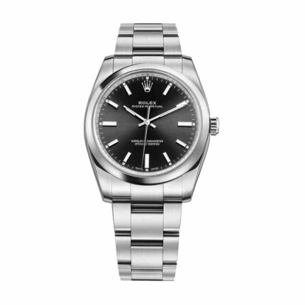 Replica Rolex Oyster Perpetual ladies’ watch with stainless steel case and bracelet, featuring a sleek black dial and silver hour markers.