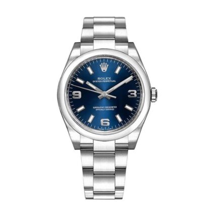 Replica Rolex Oyster Perpetual watch with blue dial and stainless steel case and bracelet.