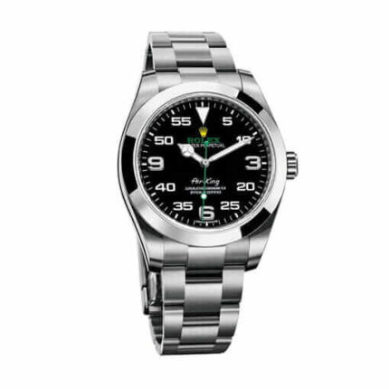 Replica Rolex Oyster Perpetual 114200 watch with vibrant blue dial and stainless steel case, shown from the left side.