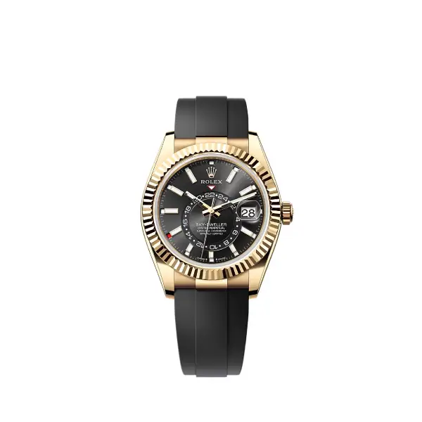 Replica Rolex Sky-Dweller watch with dual time zone display and elegant oystersteel bracelet from Super Clone Watches.