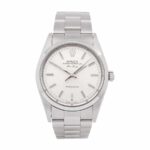 Replica Rolex Air King Oyster watch with stainless steel case and bracelet, featuring a clean white dial and silver hour markers.