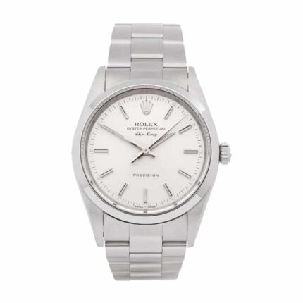 Replica Rolex Air King Oyster watch with stainless steel case and bracelet, featuring a clean white dial and silver hour markers.