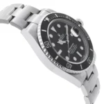 Rolex Submariner replica watch featuring a black dial, black bezel, and black bracelet with stainless steel case, showcasing the iconic dive watch design.
