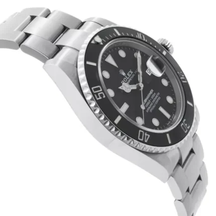 Rolex Submariner replica watch featuring a black dial, black bezel, and black bracelet with stainless steel case, showcasing the iconic dive watch design.