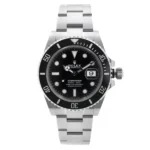 Replica Rolex Submariner watch with black dial, unidirectional bezel, and stainless steel bracelet from Super Clone Watches.