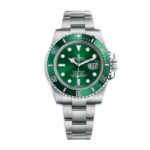 Replica Rolex Submariner “Hulk” 116610LV featuring a green dial, matching green ceramic bezel, and stainless steel oyster bracelet.