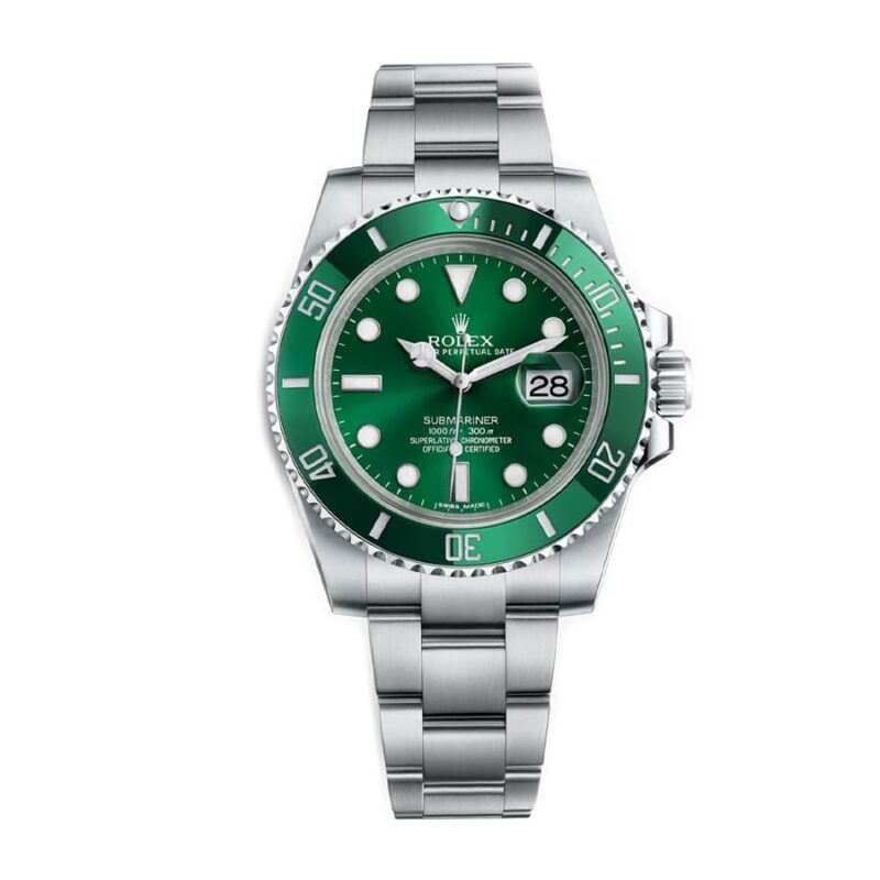Replica Rolex Submariner “Hulk” 116610LV featuring a green dial, matching green ceramic bezel, and stainless steel oyster bracelet.