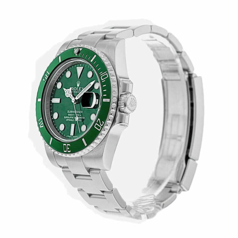 Replica Rolex Submariner 116610LV with green dial and bezel, featuring stainless steel oyster bracelet from Super Clone Watches.