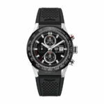 TAG Heuer Carrera replica watch with black dial and black rubber strap.