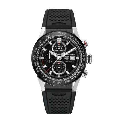 TAG Heuer Carrera replica watch with black dial and black rubber strap.