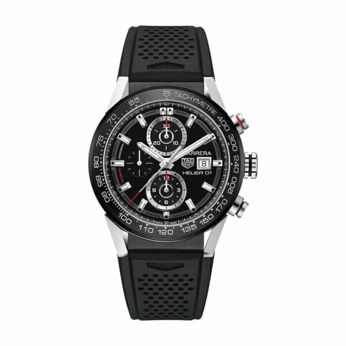 TAG Heuer Carrera replica watch with black dial and black rubber strap.