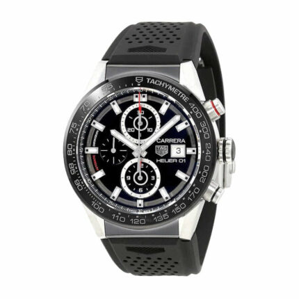 Replica TAG Heuer Carrera men's watch with black dial, silver hour markers, and black rubber strap.