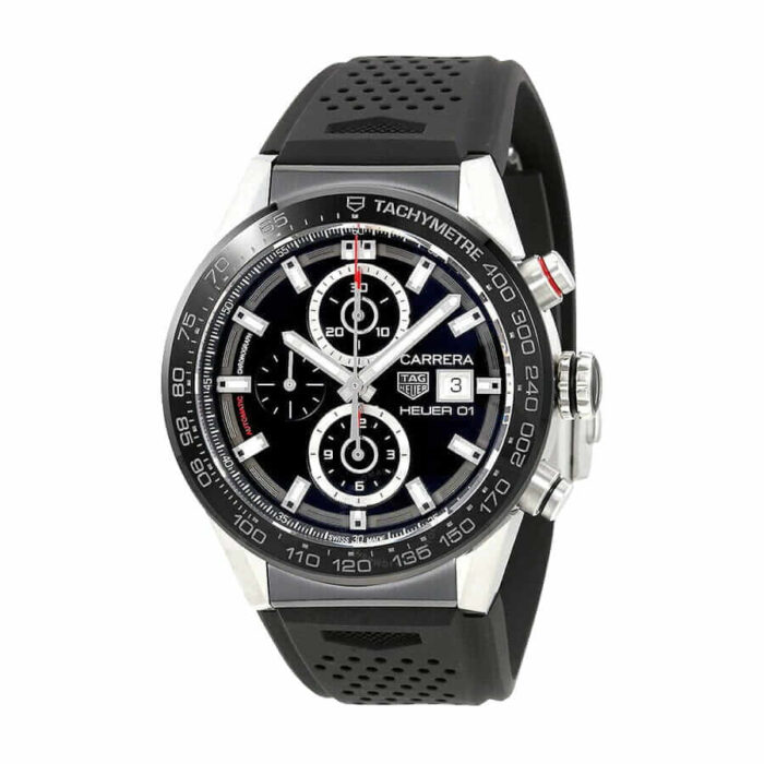 Replica TAG Heuer Carrera men's watch with black dial, silver hour markers, and black rubber strap.