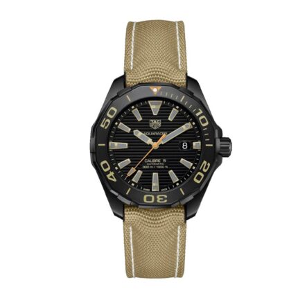 TAG Heuer Aquaracer Calibre 5 Way208C.FC6383 replica watch with black dial, stainless steel case, and stainless steel bracelet.
