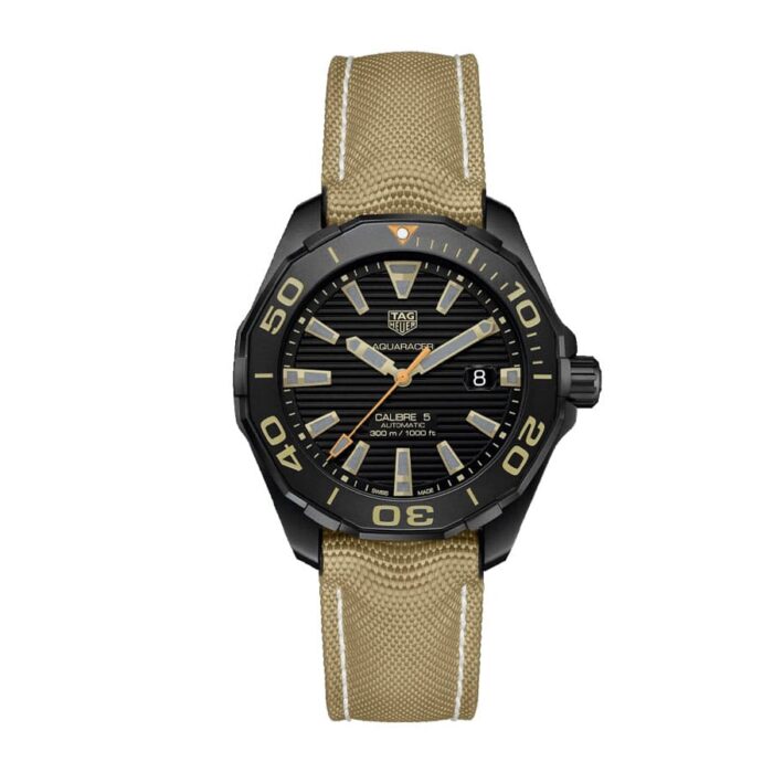 TAG Heuer Aquaracer Calibre 5 Way208C.FC6383 replica watch with black dial, stainless steel case, and stainless steel bracelet.