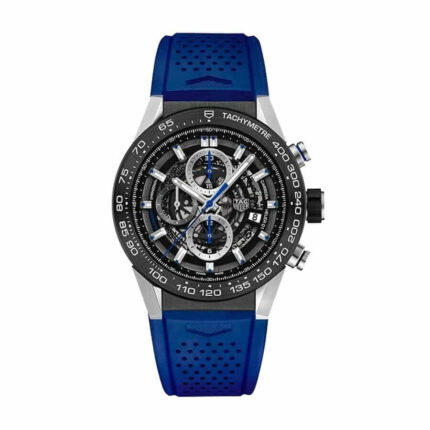 TAG Heuer Carrera Blue Touch replica men's watch with blue dial, stainless steel case, and blue leather strap.