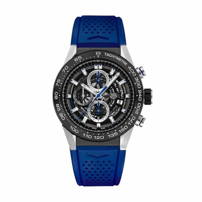 TAG Heuer Carrera Blue Touch replica men's watch with blue dial, stainless steel case, and blue leather strap.
