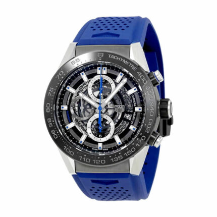 TAG Heuer Carrera Blue Touch replica watch featuring a blue dial, stainless steel case, and blue leather strap.